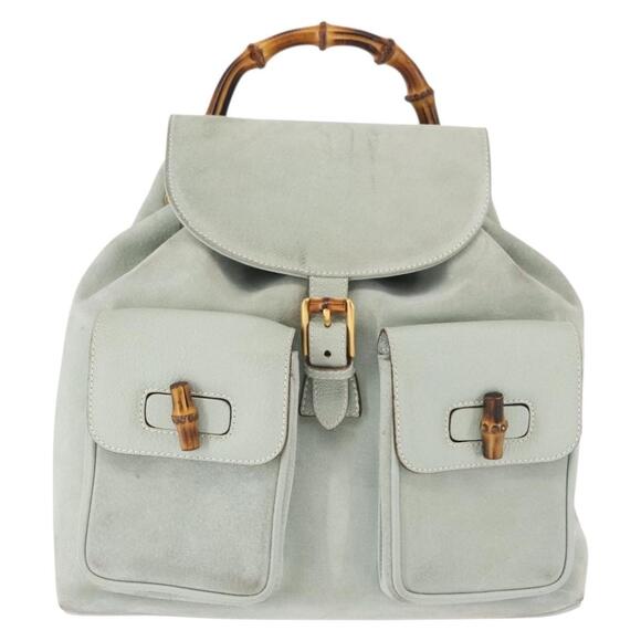 GUCCI Bamboo Backpack Suede Outlet Light Blue Gold 003 2058 9016 Auth 145652 - Picture 13 of 16